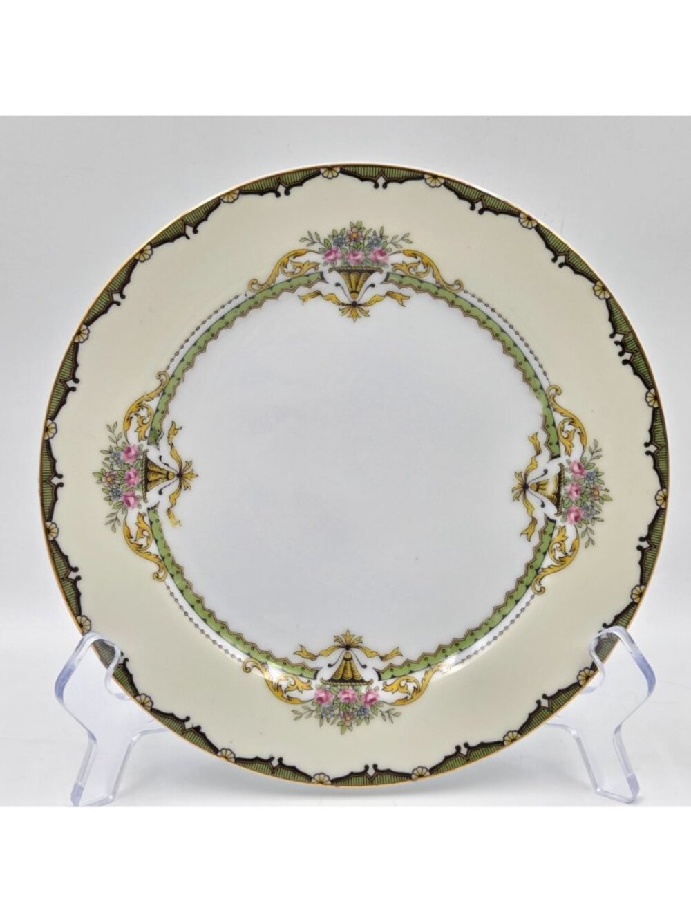 Noritake Penelope Set of 4 Salad Plates Green Border Pink Roses Urn Gold Trim